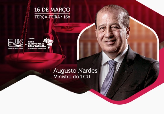 Banner da palestra com foto do Ministro do TCU, Augusto Nardes no lado direito.