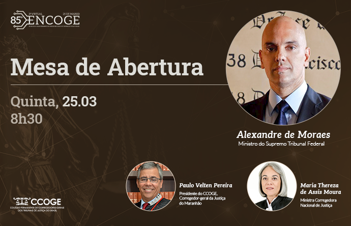 Banner do encontro de corregedores, com foto do Ministro do STF, Alexandre de Moraes, dentro de um círculo, e em baixo dois círculos com as fotos de Paulo Velten Pereira e Maria Thereza Assis de Moura.