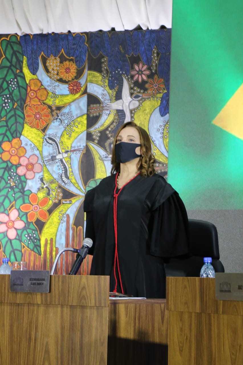 Foto da desembargadora Elaine Bianchi, de pé atrás de bancada com microfone, atrás dela uma parede colorida com imagens de flores, folhas e pássaros e metade de uma bandeira do Brasil.