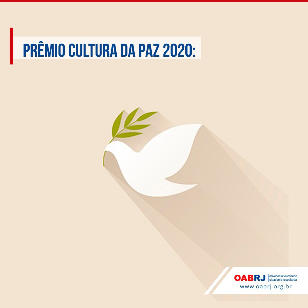 Banner do Prêmio Cultura da Paz 2020, com a ilustração de uma pomba branca com um ramo de planta.