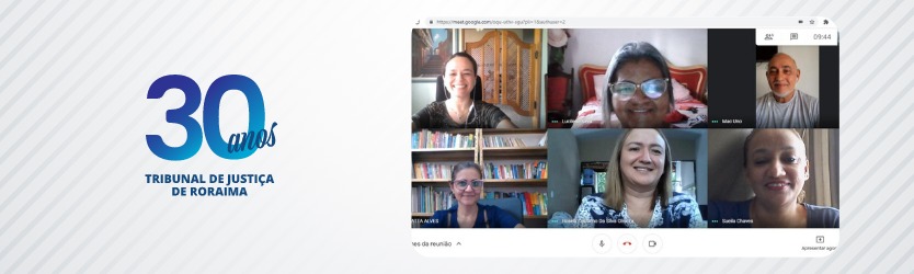 Imagem dos 30 anos do TJ e foto de servidores em uma videoconferência.