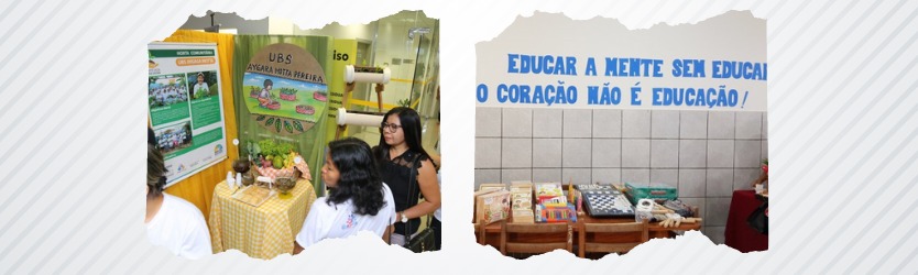 Imagem dividida em duas fotos, na foto da esquerda há pessoas olhando um stand com um cartaz de um lado e uma ilustração de uma pessoa colhendo do outro lado, e uma mesa com frutas no centro. na foto da direita há uma mesa com vários jogos em cima dela, na frente de uma parede com a escrita: “educar a mente sem educar o coração, não é educação!”.