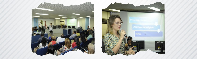 Imagem com duas fotos,a primeira é a desembargadora falando para pessoas sentadas em cadeiras em auditório na frente dela e com bancada atrás dela. e na segunda é servidora falando ao microfone e ao fundo projeção de apresentação e outra servidora sentada atrás de um computador.