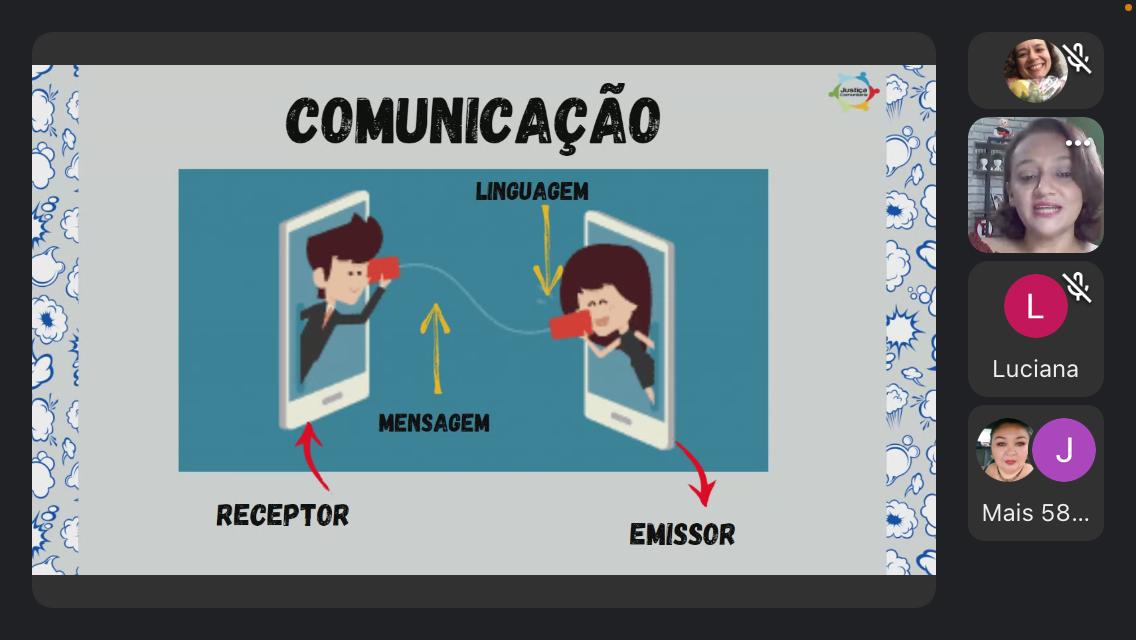 Imagem de palestra online, com pessoas participando por videoconferência.