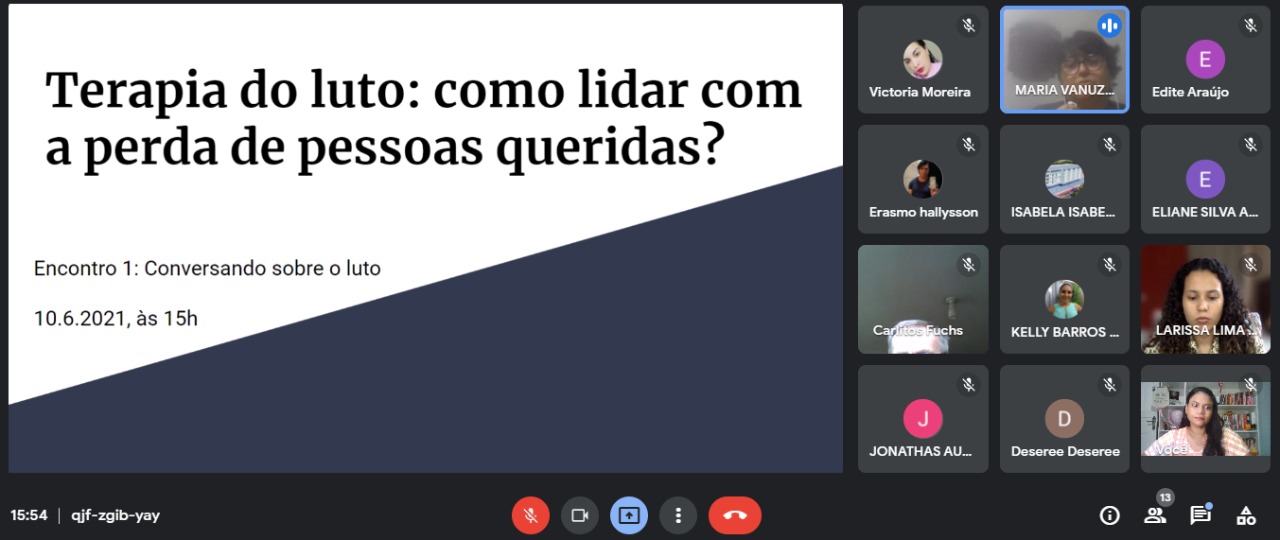 Imagem de palestra sobre o luto, mostrando servidores participando por reunião online.