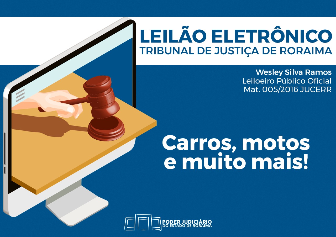 Banner do leilão eletrônico de veículos, com ilustração de um computador com um martelo de juiz na tela.