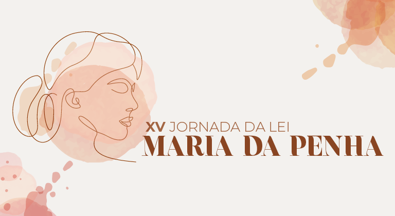 Banner do evento XV Jornada da Lei Maria da Penha, com ilustração de um rosto de uma mulher.