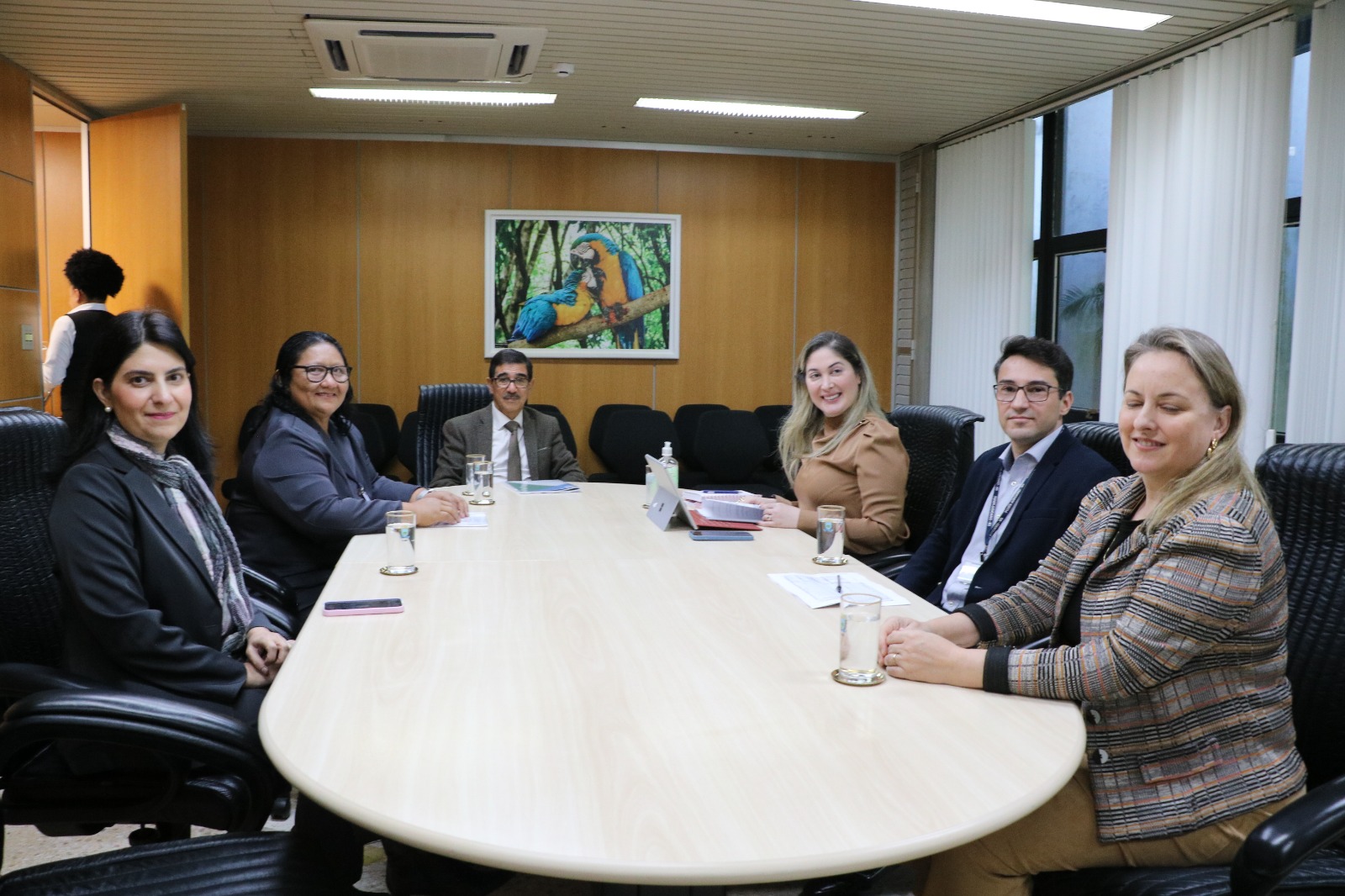 foto colorida mostra a juíza auxiliar da Corregedoria-Geral , Rafaella Holanda, e a subsecretária do setor de bens apreendidos do TJRR, Gicelda Assunção, sentadas em volta de uma mesa em formato retangular juntamente à equipe da Comissão de Alienação de Bens Apreendidos em Ações Penais do TJMS. Todos estão sorrindo para a foto, em uma sala com paredes cor madeira e um quadro com a imagem de duas araras. 