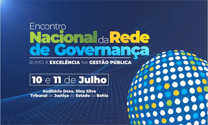 card de divulgação azul com datas e local em cor branca no canto direito há um globo cheio de bolinhas brancas, azul e amarela.