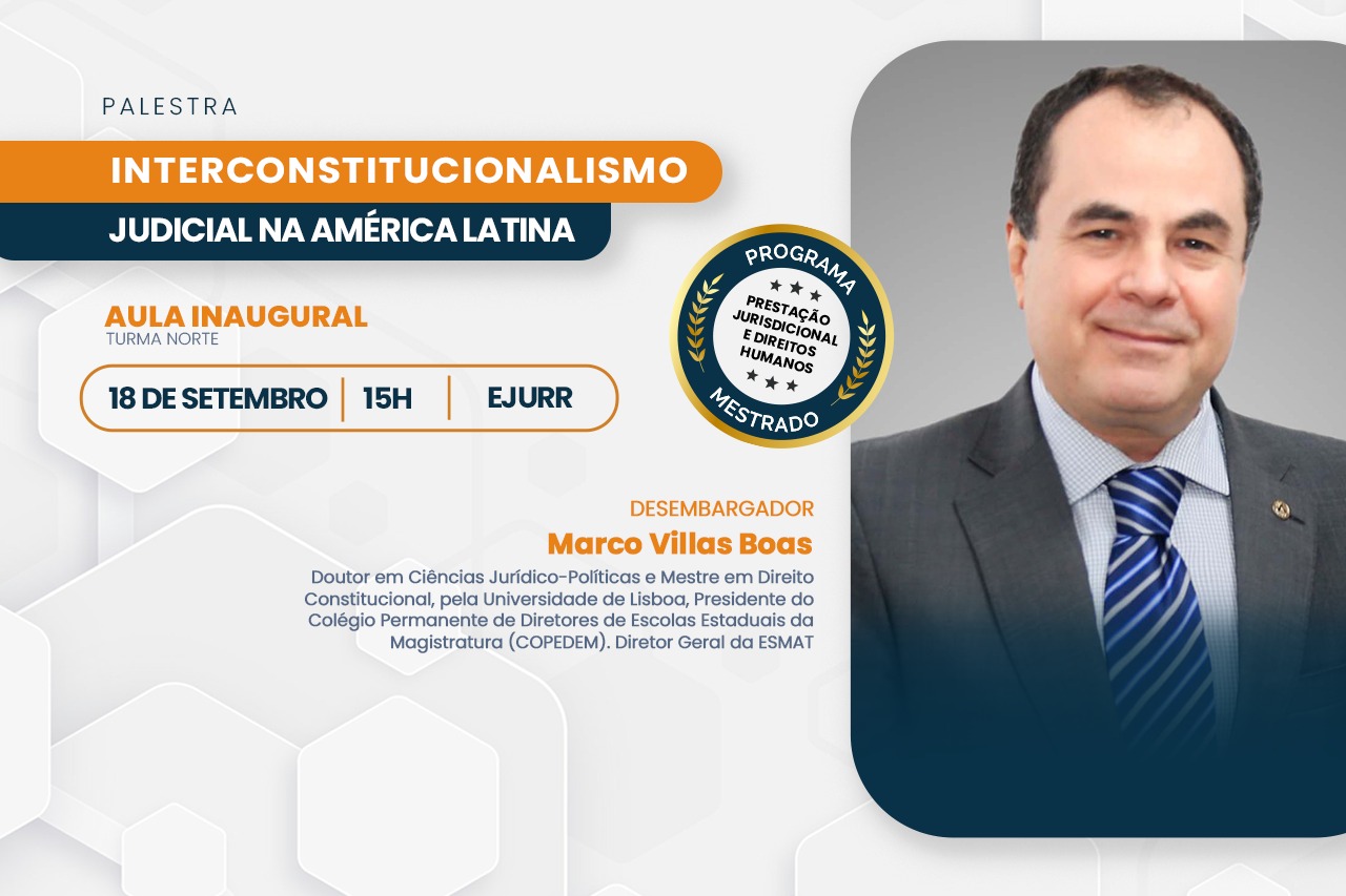 card de divulgação da palestra. Do lado direito contém a foto do desembargador Marco Vilas Boas e em letras azul ao lado da foto tem suas especialidades e formações