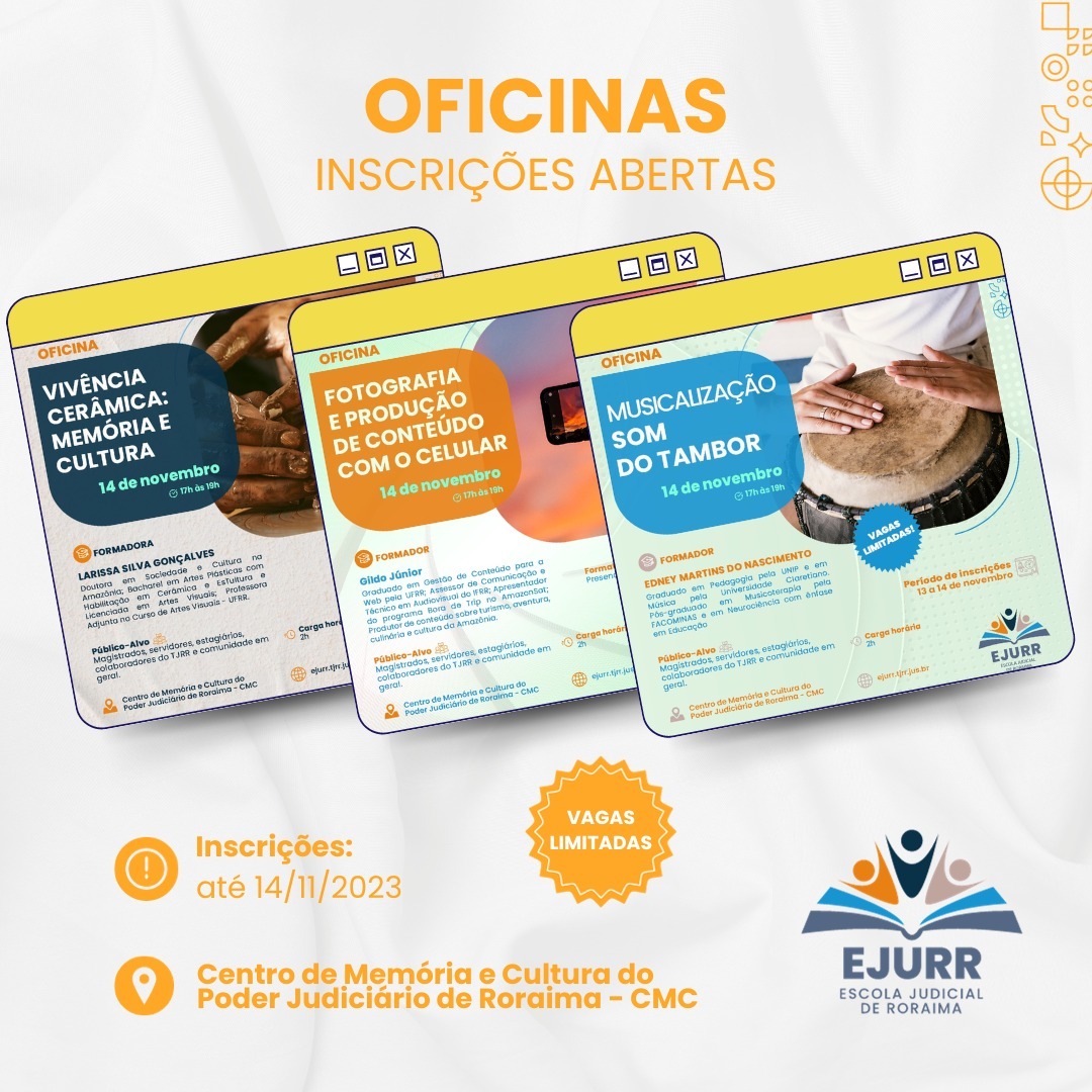 Card de divulgação das oficinas abertas. As oficinas estão ilustradas dentro de um moldura de aba de computador com cor amarela