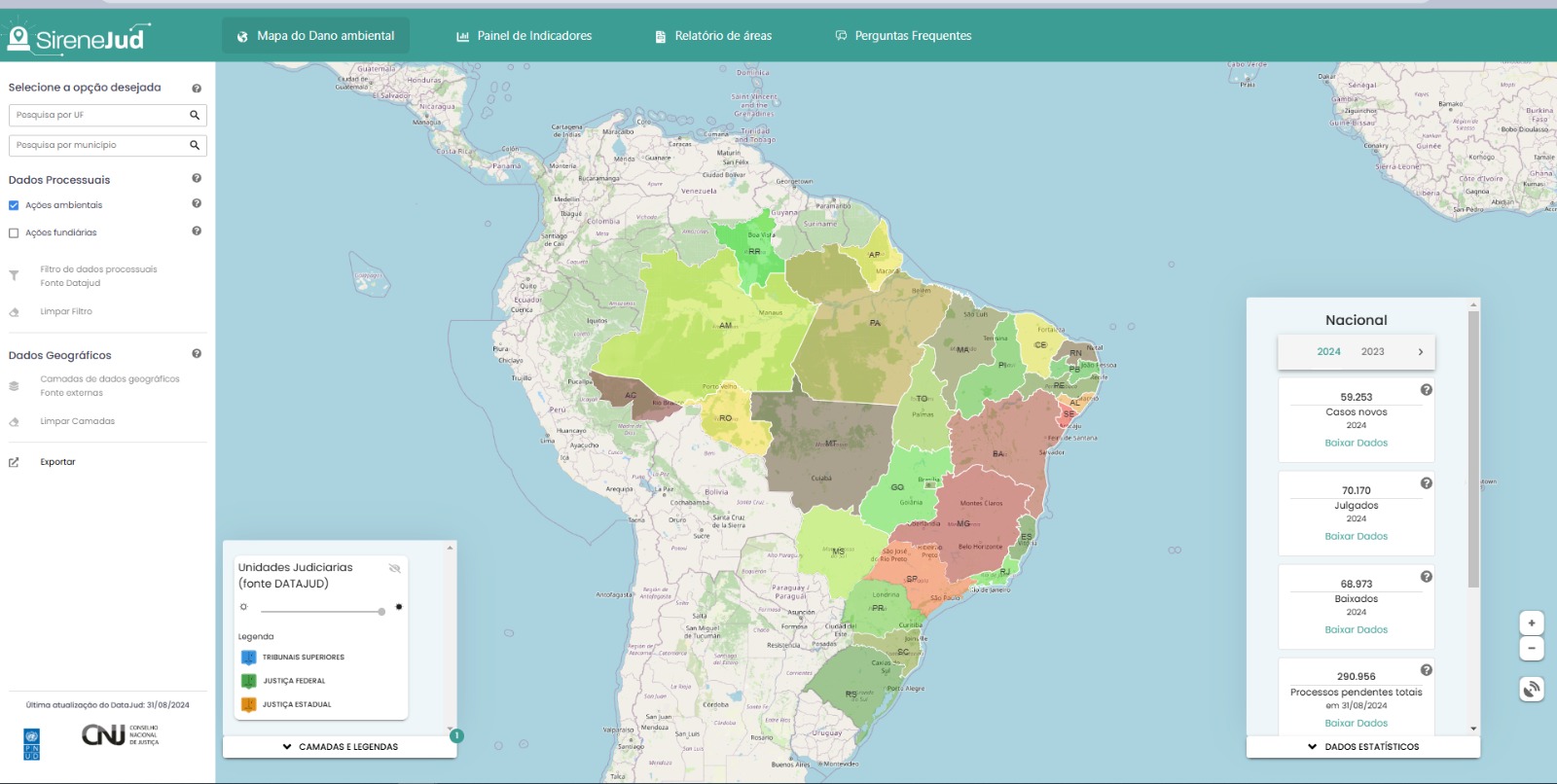 foto ilustrativa mostra a interface da plataforma Sirenejud mostrando o mapa geográfico do Brasil