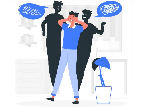 A imagem retrata uma ilustração digital que aborda o tema de ansiedade, confusão mental ou alucinações. Um homem de pele clara, vestindo uma camiseta azul e calças claras, está no centro da imagem com as mãos na cabeça, expressando angústia. Atrás dele, há duas figuras sombrias e silhuetadas que parecem estar sussurrando ou falando.