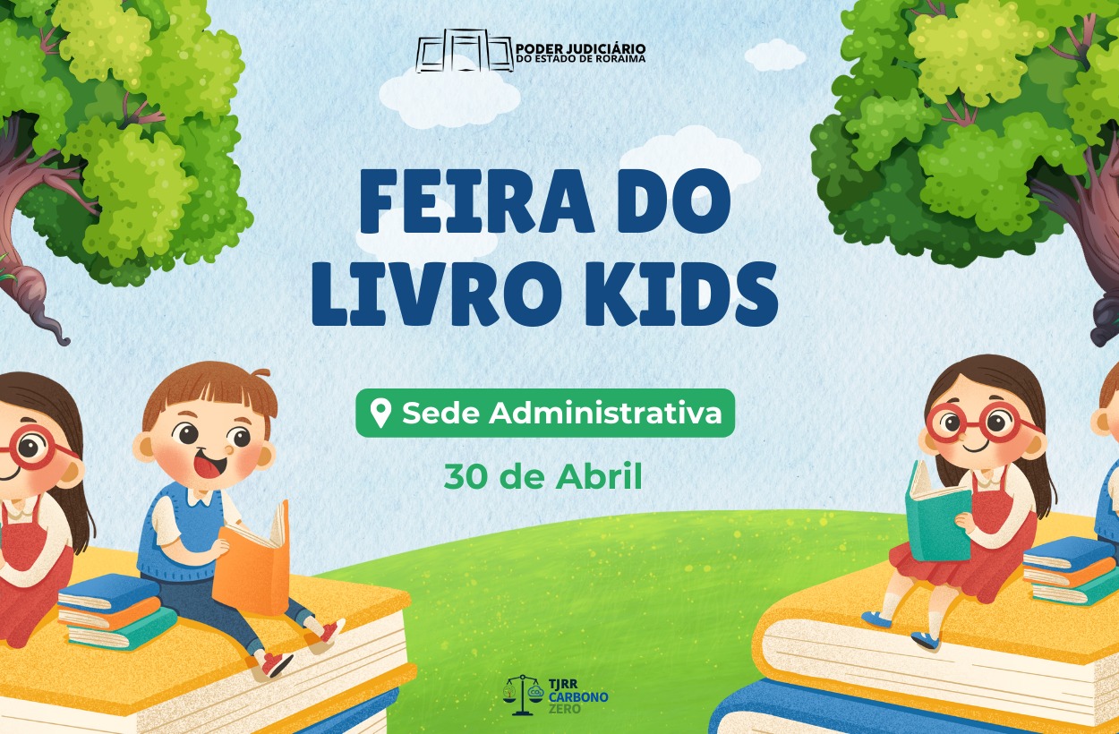 A imagem é um cartaz colorido e alegre anunciando a "FEIRA DO LIVRO KIDS". O design é voltado para o público infantil, com ilustrações de crianças felizes lendo livros em um cenário ao ar livre e ensolarado. A imagem é um cartaz colorido e alegre anunciando a "FEIRA DO LIVRO KIDS". O design é voltado para o público infantil, com ilustrações de crianças felizes lendo livros em um cenário ao ar livre e ensolarado.