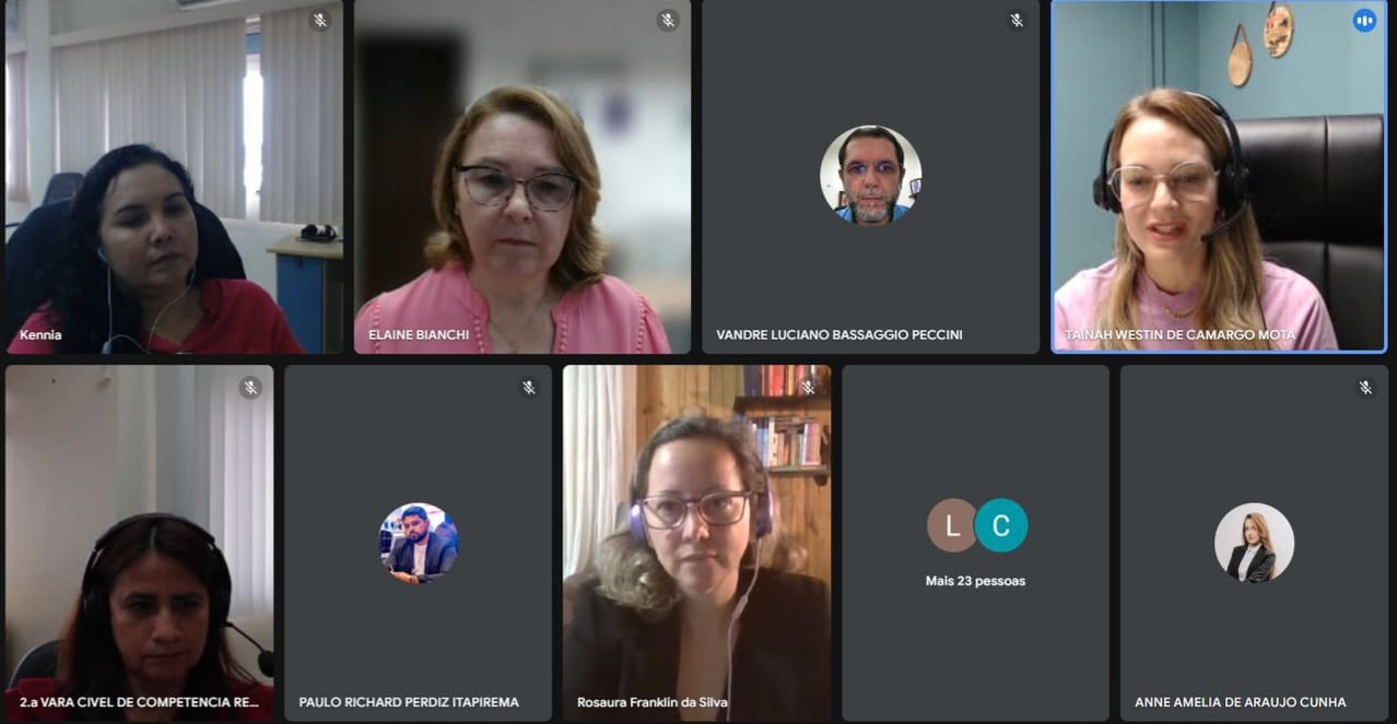 A imagem captura uma captura de tela de uma videoconferência realizada na plataforma Google Meet. Há nove participantes visíveis em diferentes janelas. Cada janela exibe o nome do participante abaixo de sua imagem ou iniciais.