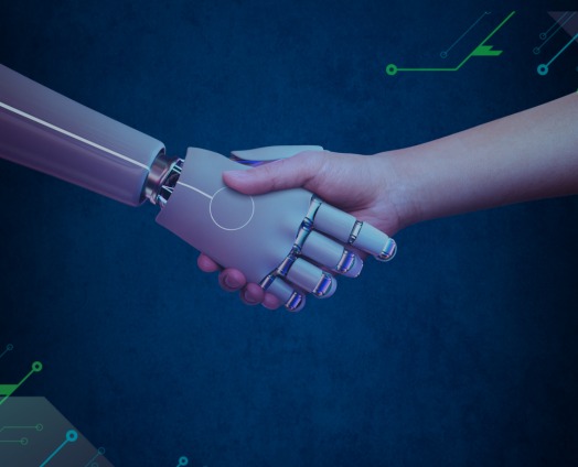 A imagem retrata simbolicamente a parceria entre humanos e tecnologia, mostrando um aperto de mãos entre uma mão humana e uma robótica. Com fundo escuro e elementos gráficos que lembram circuitos, transmite a ideia de colaboração, inteligência artificial e avanços no relacionamento entre pessoas e máquinas.