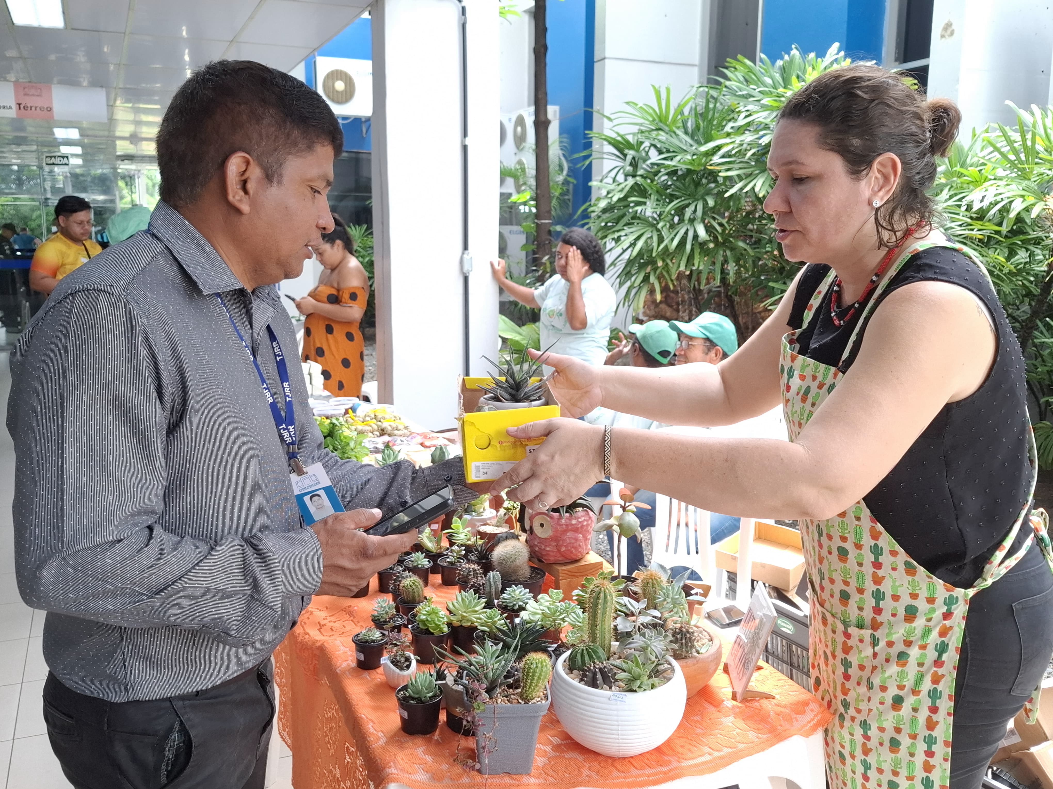 Imagem colorida mostra duas pessoas em volta de uma mesa contendo plantas. À esquerda, um homem olha para um celular enquanto interage com a mulher, que está à direita da foto segurando uma caixa amarela.