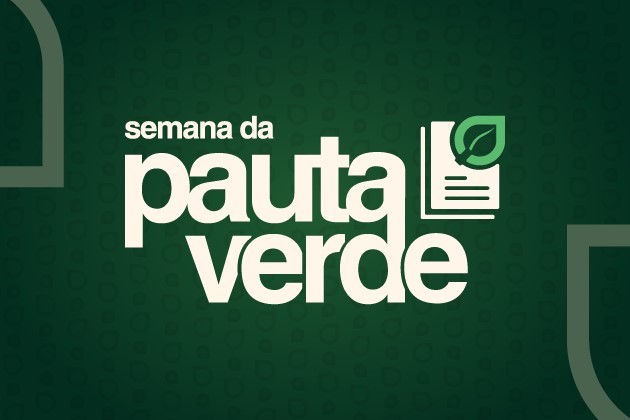 Imagem de fundo verde escuro com o texto central em destaque: “Semana da Pauta Verde”. A tipografia é em letras grandes e brancas, com a palavra “verde” em negrito. Ao lado do texto, há o ícone de uma folha sobre uma folha de papel, representando o tema ambiental e jurídico. Elementos gráficos arredondados decoram os cantos da imagem, reforçando o aspecto visual institucional e ecológico. Imagem de fundo verde escuro com o texto central em destaque: “Semana da Pauta Verde”. A tipografia é em letras grandes e brancas, com a palavra “verde” em negrito. Ao lado do texto, há o ícone de uma folha sobre uma folha de papel, representando o tema ambiental e jurídico. Elementos gráficos arredondados decoram os cantos da imagem, reforçando o aspecto visual institucional e ecológico.