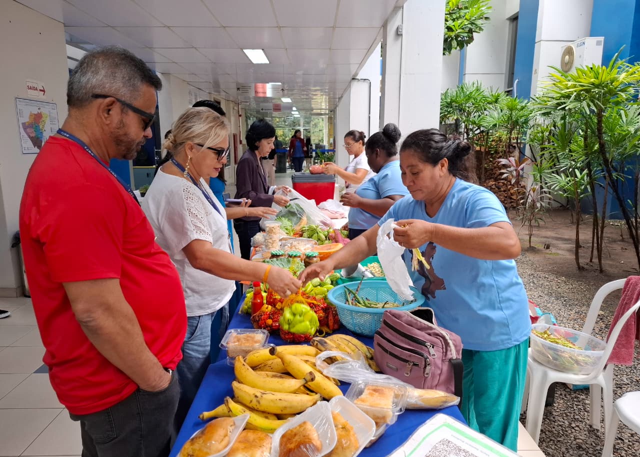 Imagem colorida mostra uma feira com uma mesa de frutas, legumes e verduras, onde clientes estão interagindo com vendedoras. A mesa contém vários cachos de bananas, pimentões, abóboras e outros alimentos em embalagens. O local é um corredor com azulejos brancos e plantas em vasos. Imagem colorida mostra uma feira com uma mesa de frutas, legumes e verduras, onde clientes estão interagindo com vendedoras. A mesa contém vários cachos de bananas, pimentões, abóboras e outros alimentos em embalagens. O local é um corredor com azulejos brancos e plantas em vasos.