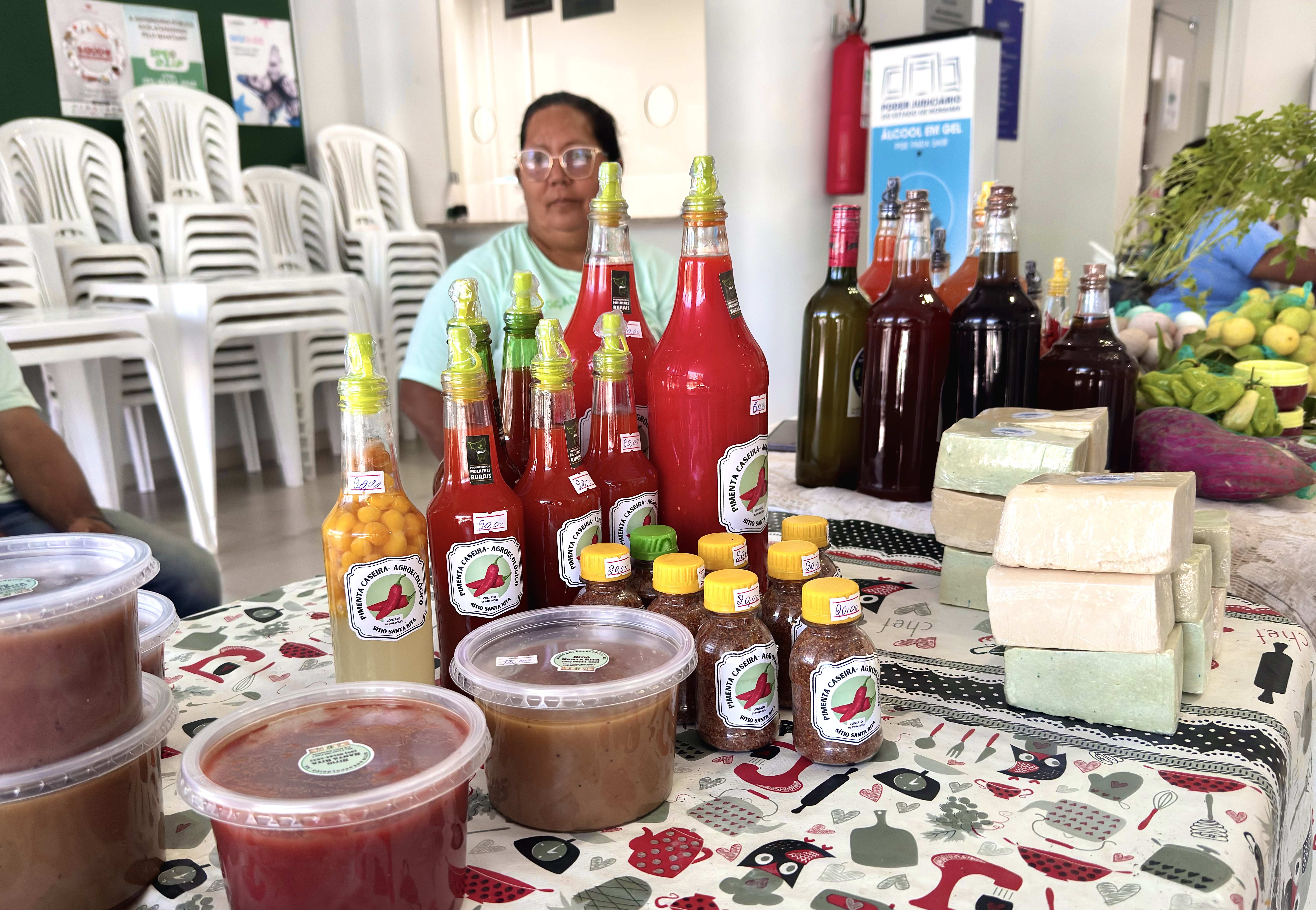 Imagem colorida mostra uma barraca de produtos artesanais em um evento. A mesa, coberta com uma toalha estampada, exibe uma variedade de garrafas de vidro com líquidos avermelhados e amarelados, potes de molho, blocos de sabão e vegetais como alho e limões. Uma mulher de óculos está sentada atrás da barraca, observando o ambiente. Ao fundo, há cadeiras brancas empilhadas. Imagem colorida mostra uma barraca de produtos artesanais em um evento. A mesa, coberta com uma toalha estampada, exibe uma variedade de garrafas de vidro com líquidos avermelhados e amarelados, potes de molho, blocos de sabão e vegetais como alho e limões. Uma mulher de óculos está sentada atrás da barraca, observando o ambiente. Ao fundo, há cadeiras brancas empilhadas.