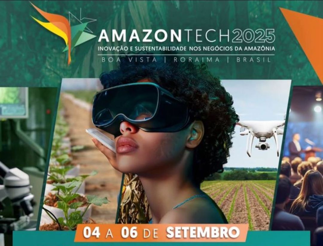 Foto colorida promocional do evento "AmazonTech 2025", com o slogan “Inovação e sustentabilidade nos negócios da Amazônia”. Ao centro da imagem, há uma pessoa negra, usando grandes óculos de realidade virtual. Ao fundo, vê-se uma plantação e um drone em voo. Nas laterais da arte, há imagens que representam tecnologia e inovação: à esquerda, um laboratório com microscópio; à direita, uma plateia assistindo a uma palestra. No canto superior esquerdo está o logotipo colorido da AmazonTech, com formas geométricas em verde, amarelo e laranja. Abaixo o texto: 4 a 6 de setembro. Foto colorida promocional do evento "AmazonTech 2025", com o slogan “Inovação e sustentabilidade nos negócios da Amazônia”. Ao centro da imagem, há uma pessoa negra, usando grandes óculos de realidade virtual. Ao fundo, vê-se uma plantação e um drone em voo. Nas laterais da arte, há imagens que representam tecnologia e inovação: à esquerda, um laboratório com microscópio; à direita, uma plateia assistindo a uma palestra. No canto superior esquerdo está o logotipo colorido da AmazonTech, com formas geométricas em verde, amarelo e laranja. Abaixo o texto: 4 a 6 de setembro.