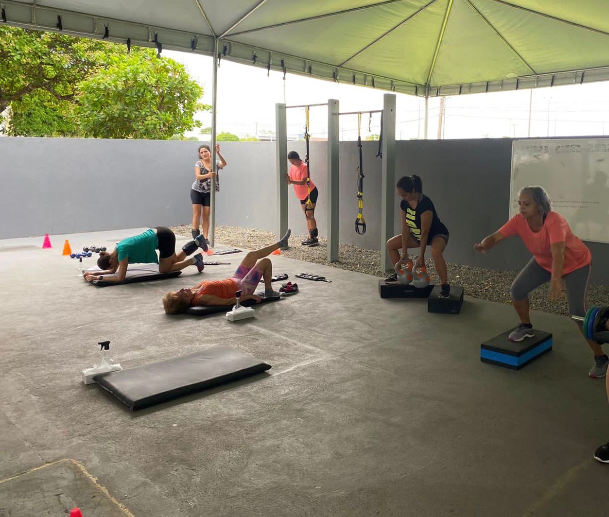 Imagem colorida mostra um grupo de seis mulheres praticando exercícios em uma academia funcional ao ar livre. No primeiro plano, uma mulher se prepara para um agachamento enquanto outras realizam prancha, abdominais e levantamento de kettlebell. O treino acontece sob um toldo em um ambiente com piso de cimento e um muro cinza ao fundo. Imagem colorida mostra um grupo de seis mulheres praticando exercícios em uma academia funcional ao ar livre. No primeiro plano, uma mulher se prepara para um agachamento enquanto outras realizam prancha, abdominais e levantamento de kettlebell. O treino acontece sob um toldo em um ambiente com piso de cimento e um muro cinza ao fundo.