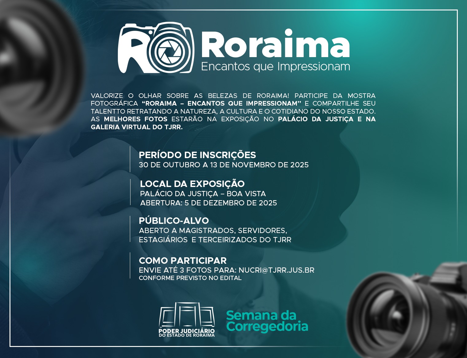 Este é um cartaz digital com fundo azul escuro e gradiente verde-água, que contém informações sobre uma mostra fotográfica.  No topo, à esquerda, há um logotipo estilizado com as letras "R R" onde a letra "O" é substituída por uma lente de câmera. Abaixo, em letras brancas e grandes, está escrito "Roraima" e a frase "Encantos que Impressionam". Este é um cartaz digital com fundo azul escuro e gradiente verde-água, que contém informações sobre uma mostra fotográfica.  No topo, à esquerda, há um logotipo estilizado com as letras "R R" onde a letra "O" é substituída por uma lente de câmera. Abaixo, em letras brancas e grandes, está escrito "Roraima" e a frase "Encantos que Impressionam".