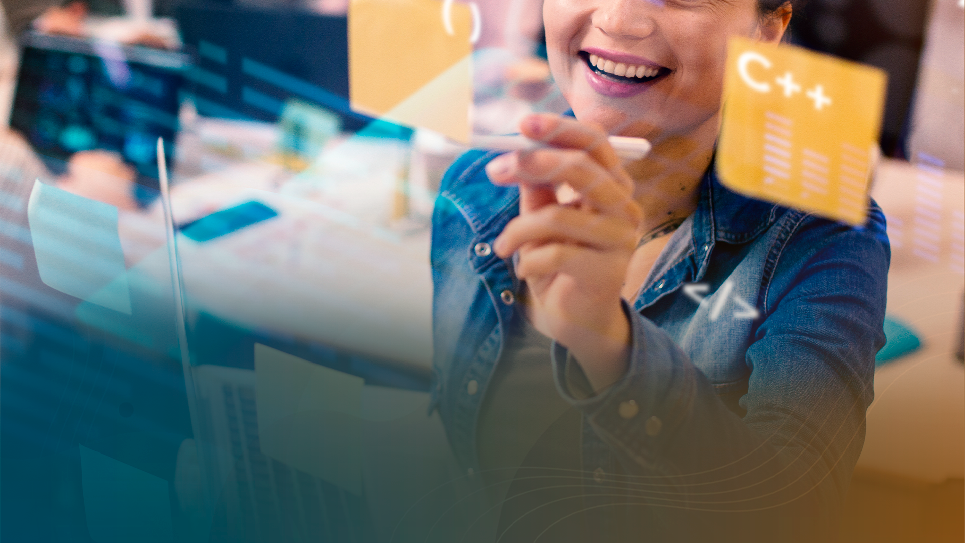 imagem ilustrativa de uma mulher escrevendo em um quadro transparente 