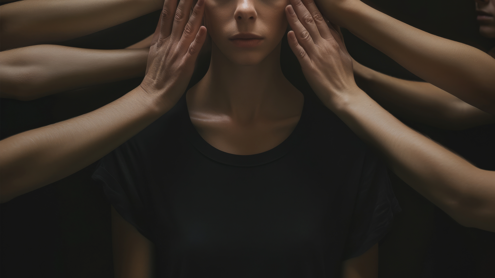 Imagem colorida mostrando mãos tocando o rosto de uma mulher