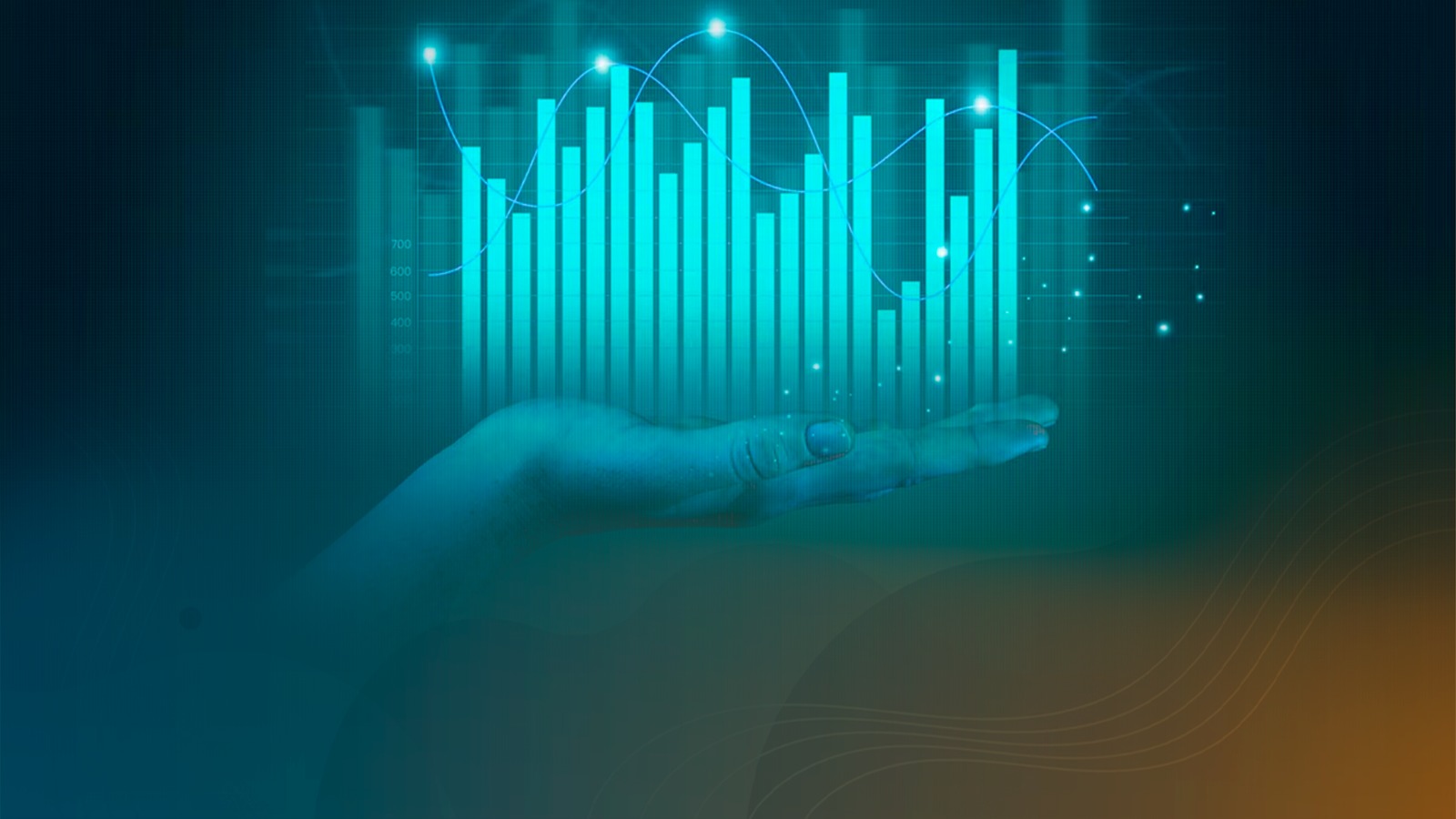 foto ilustrativa de uma mão com gráficos azul