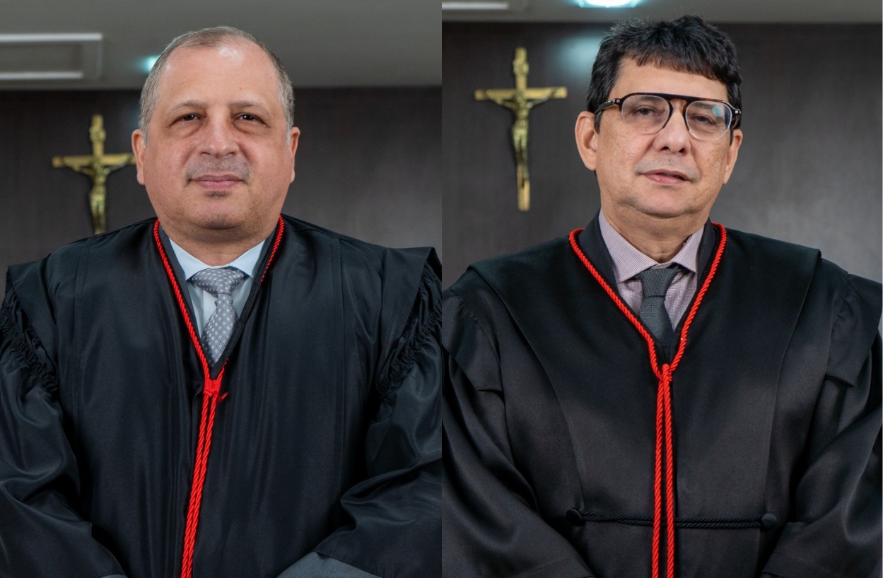 Imagem colorida mostra duas fotos, uma do lado da outra, a esquerda mostra a imagem do desembargador Mozarildo Cavalcanti, e a direita o desembargador Jésus Nascimento.