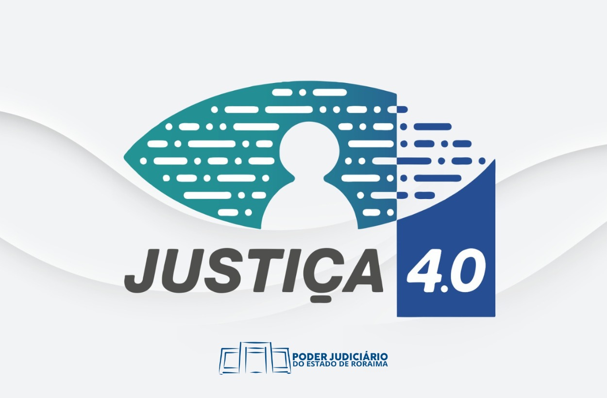 imagem ilustrativa de fundo branco que inclui um elemento gráfico com um ícone de pessoa estilizado e linhas que remetem a tecnologia e inovação. Abaixo está o título "Núcleos de Justiça 4.0 aprimoram a prestação jurisdicional em Roraima"