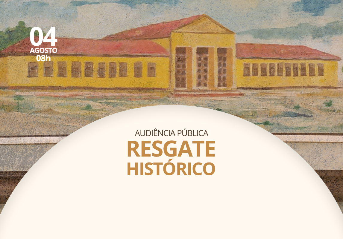 Banner da audiência pública de resgate histórico, com ilustração do primeiro prédio do Tribunal de Justiça de Roraima.