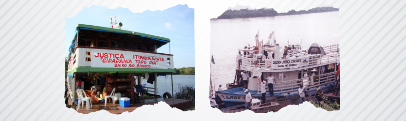 Fotos de dois barcos da Justiça Itinerante em rios