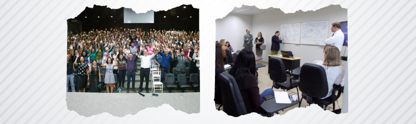 Imagem dividida em duas fotos, na foto da esquerda há um auditório cheio de vários servidores de pé com as mãos levantadas para a foto. na da direita é uma foto de uma sala com servidores sentados e três de pé com um deles escrevendo em um quadro branco.