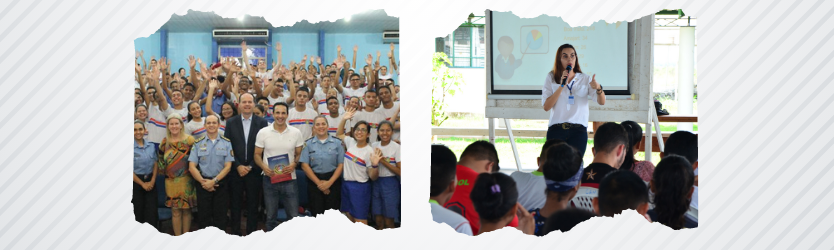 Imagem dividida em duas fotos, a primeira foto é de militares, professores e alunos de um colégio militarizado, de pé com estudantes levantando a mão para a foto. e a segunda é de servidora falando ao microfone de pé com uma tela  projetada atrás dela e pessoas sentadas olhando ela.