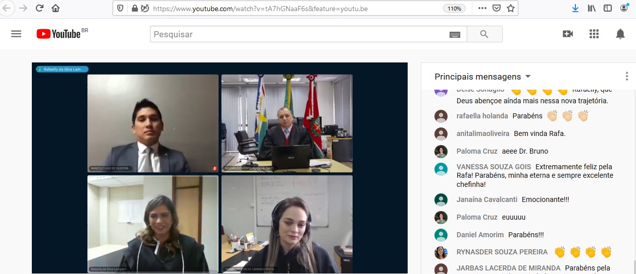 A imagem da tela de videoconferência, aparecem o presidente do TJRR, Mozarildo Cavalcanti, o juiz Marcelo Oliveira, a juiza empossada, Rafaelly da Silva Lampert e a diretora geral do Poder Judiciário, Tainah Westin, durante o cerimônia de posse realizada ao vivo pelo Youtube.  