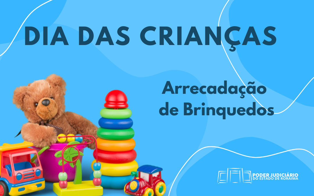 card de divulgação do dia das crianças com um urso no lado esquerdo e brinquedos
