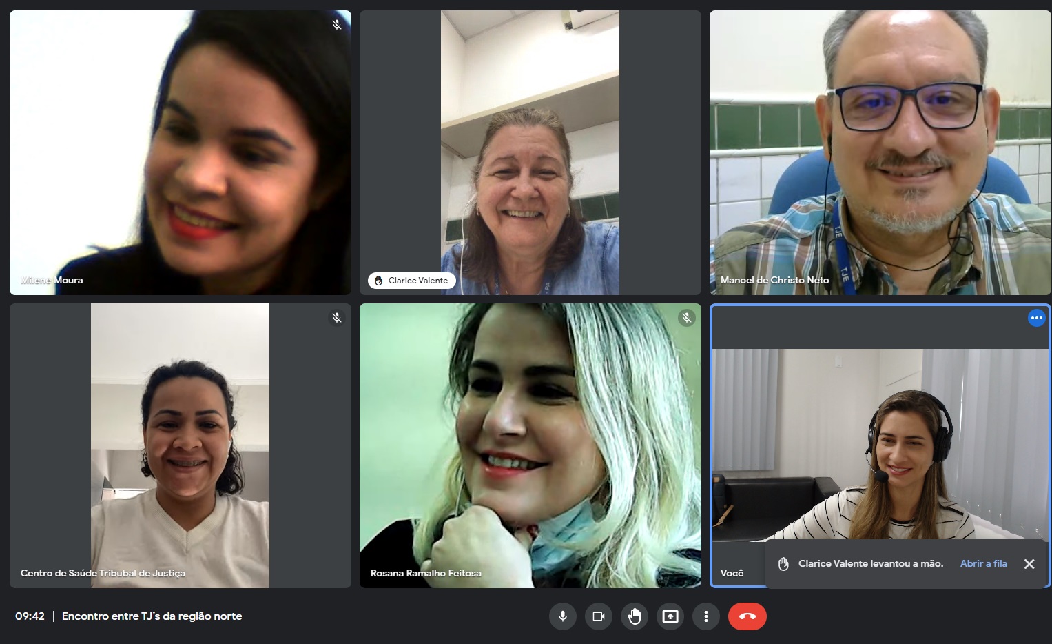  Imagem colorida contém printscreen da tela de computador da reunião do primeiro encontro das unidades de saúde dos Tribunais da Região Norte. Na imagem contém seis pessoas na videochamada. 