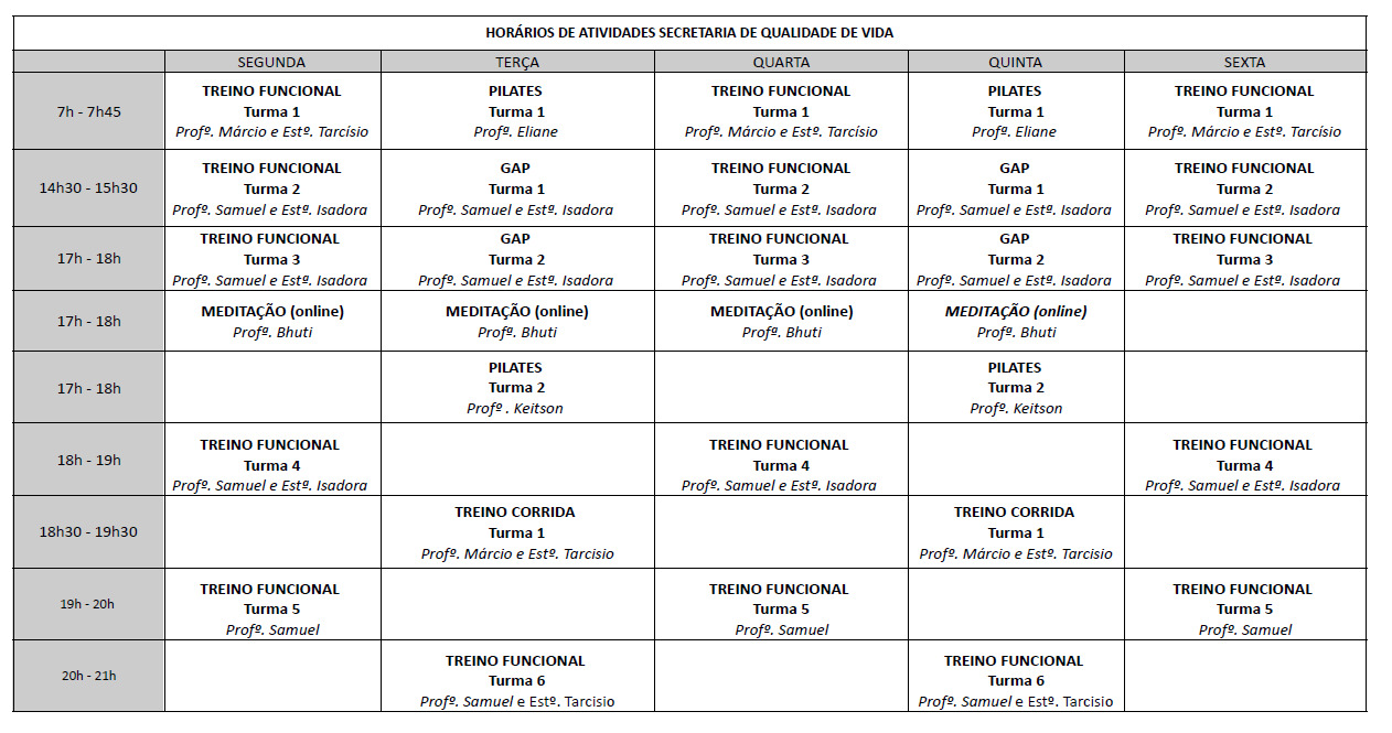 Foto colorida mostra tabela com as atividades ofertadas.